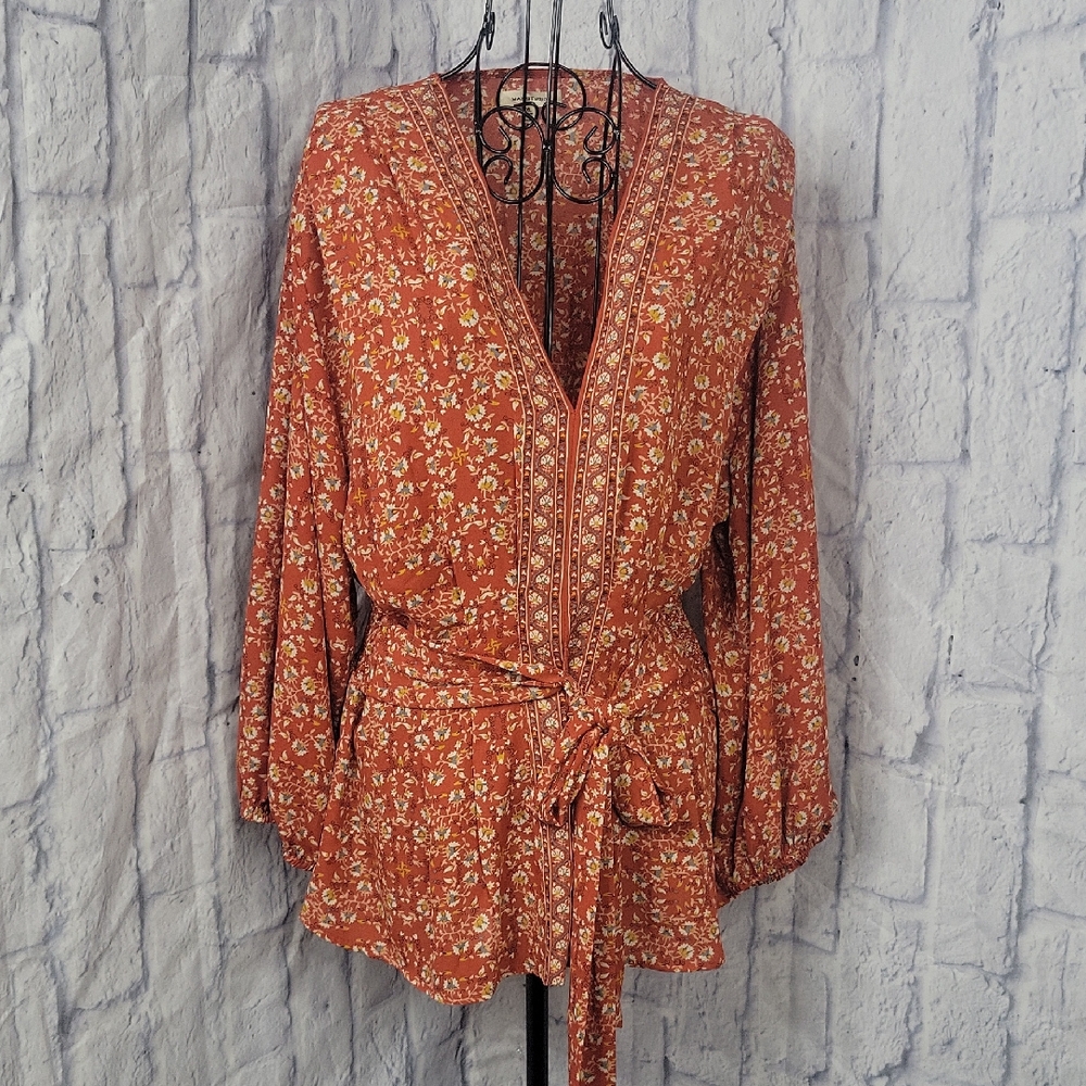 Max Studio Rust Floral V-Neck Tie-Waist Blouse
